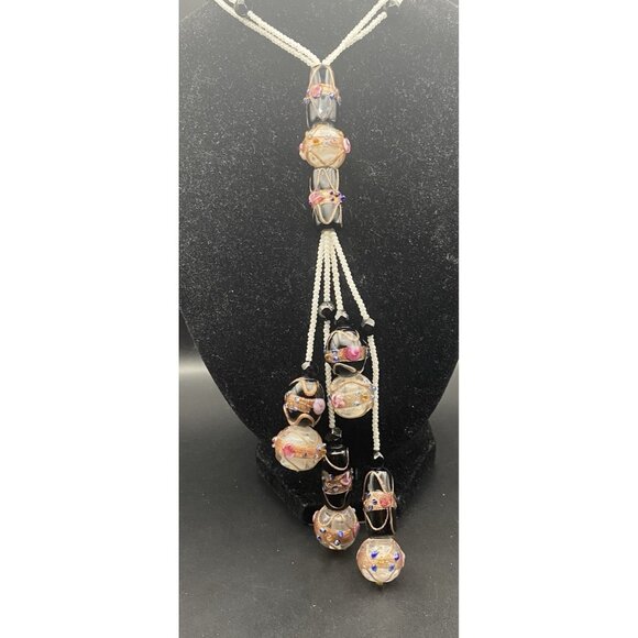 Handmade Lampwork Glass Bead Tassel Necklace Murano Style Black Gold Rose Beads - Picture 3 of 8